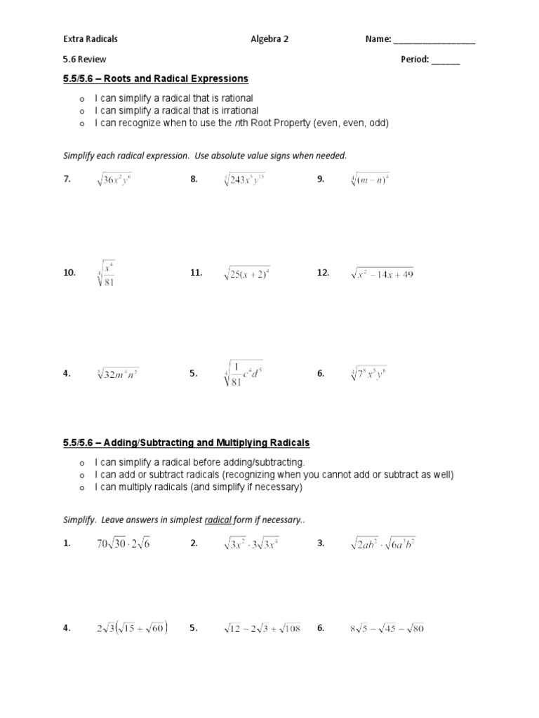 Radicals Review Worksheet for Algebra 2 | PDF