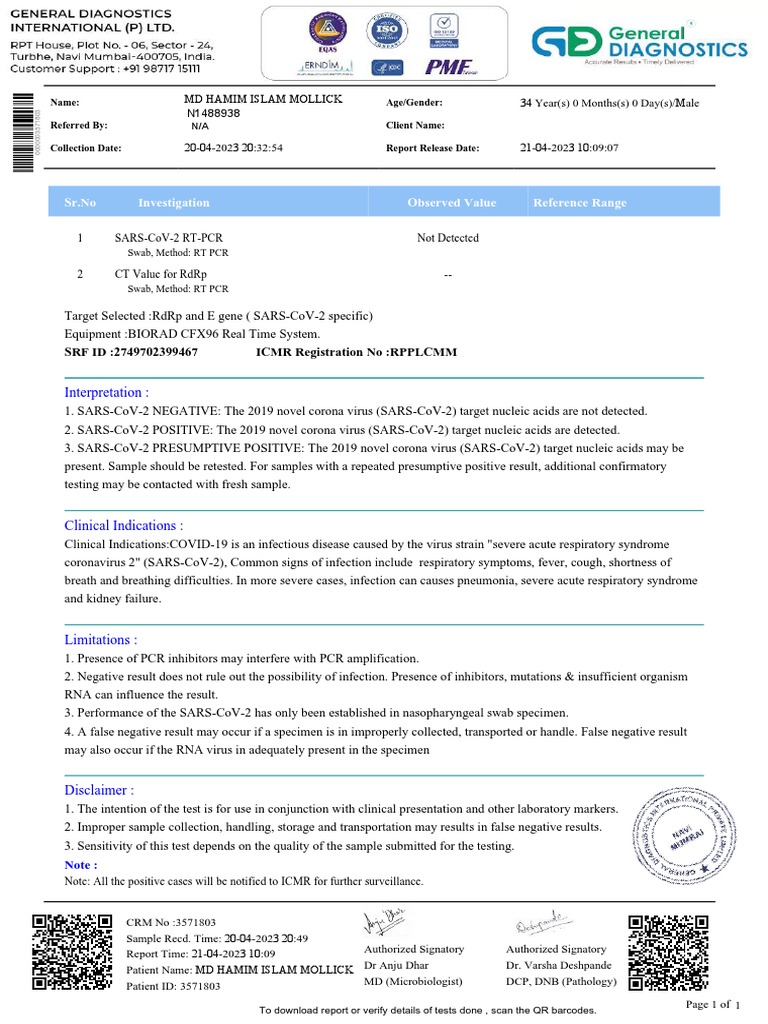 SARS-CoV-2 RT-PCR Test Results | PDF | Microbiology | Epidemiology