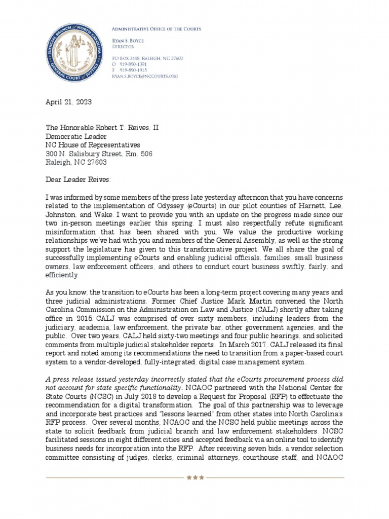 North Carolina Judicial Branch Letter On Ecourts | PDF | Search Warrant ...