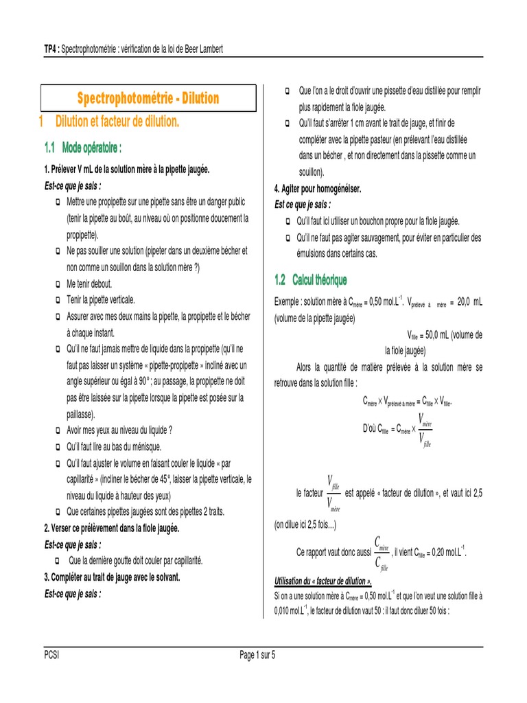 Calcul du facteur de dilution en TP | PDF | L'absorbance ...