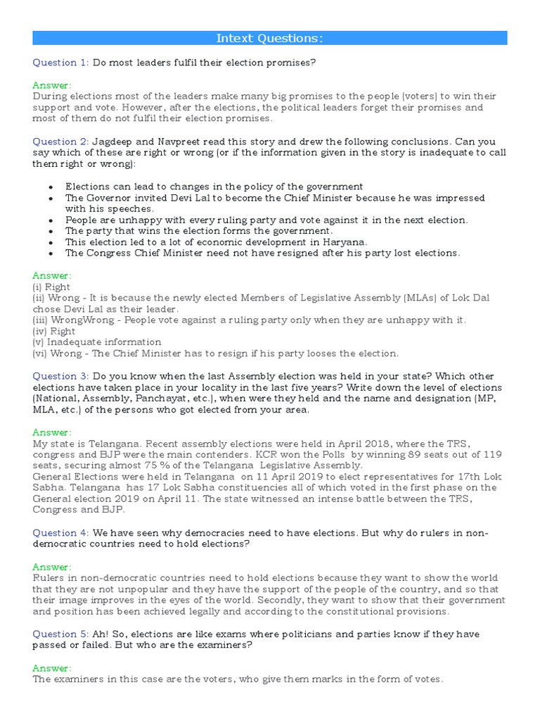 Electoral Politics - Intext Questions | Download Free PDF | Elections
