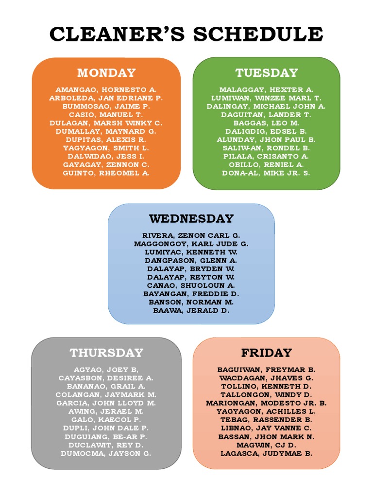 CLEANERS SCHEDULE (Mon Friday) PDF