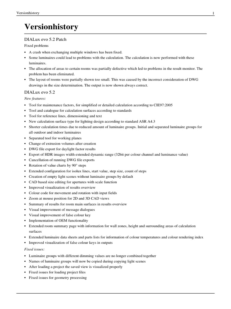 2 Version History Dialux PDF Software Bug Auto Cad