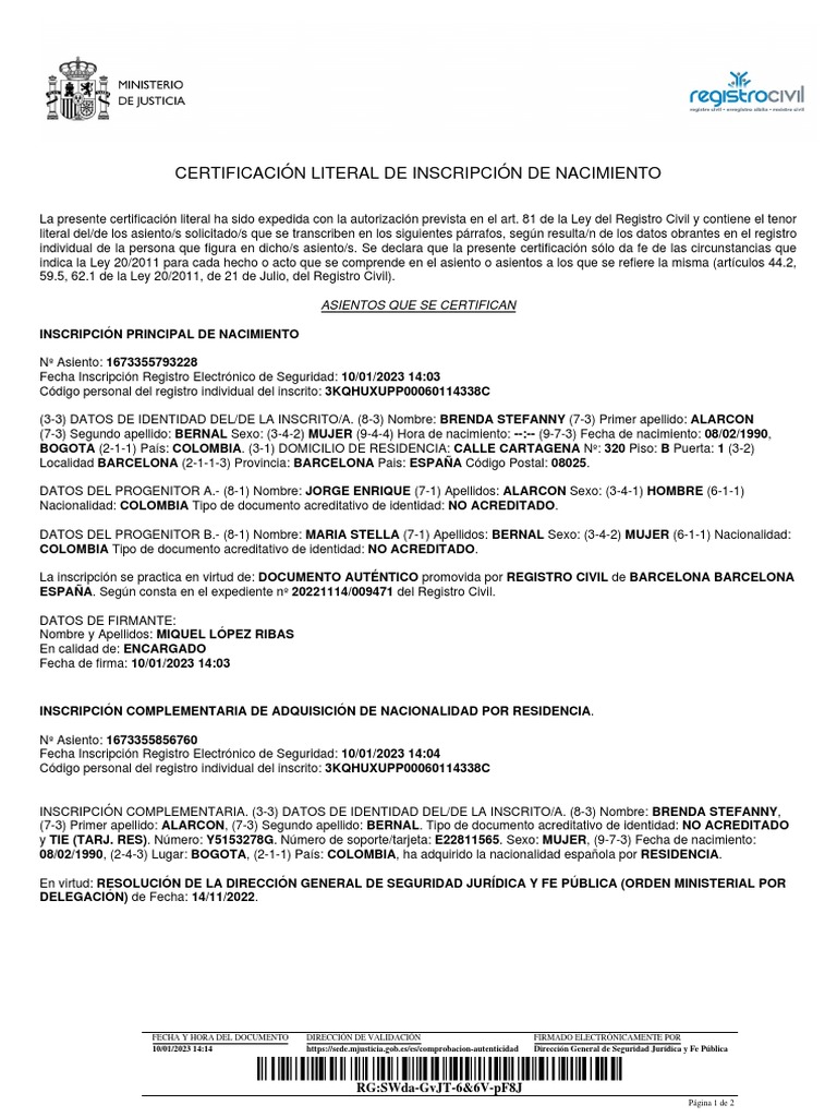 Certificación Literal de Inscripción de Nacimiento Asientos Que Se Certifican PDF Gobierno