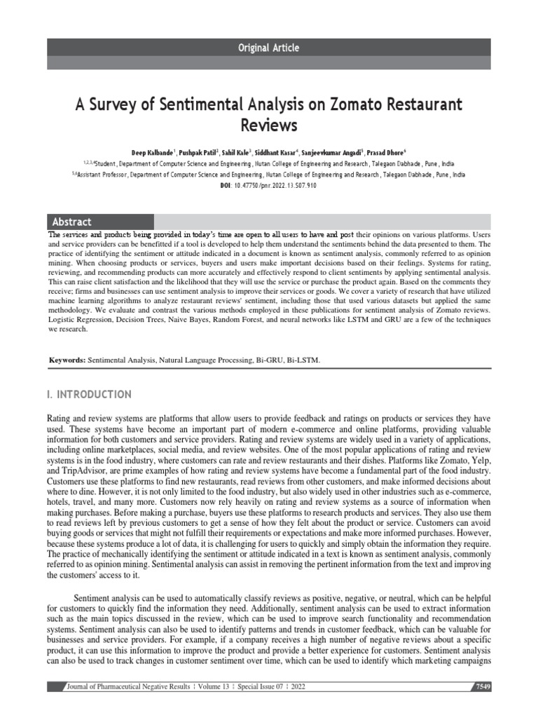 A survey of sentimental analysis on zomato restaurant reviews pdf