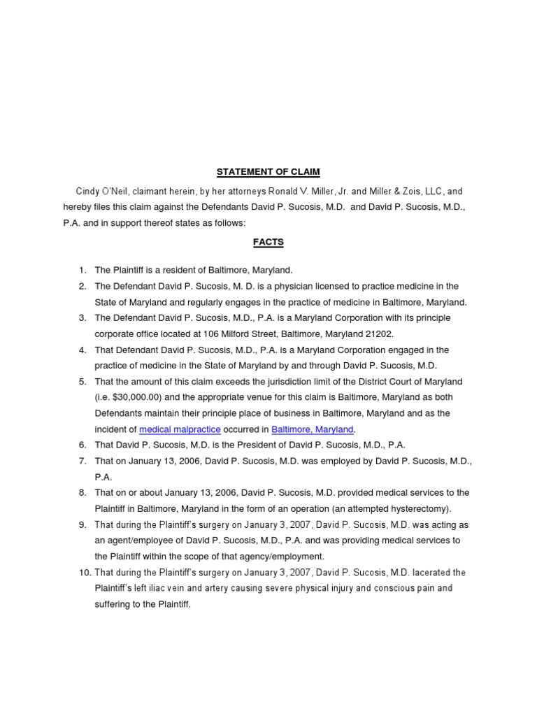 Malpractice Complaint PDF Negligence Standard Of Care