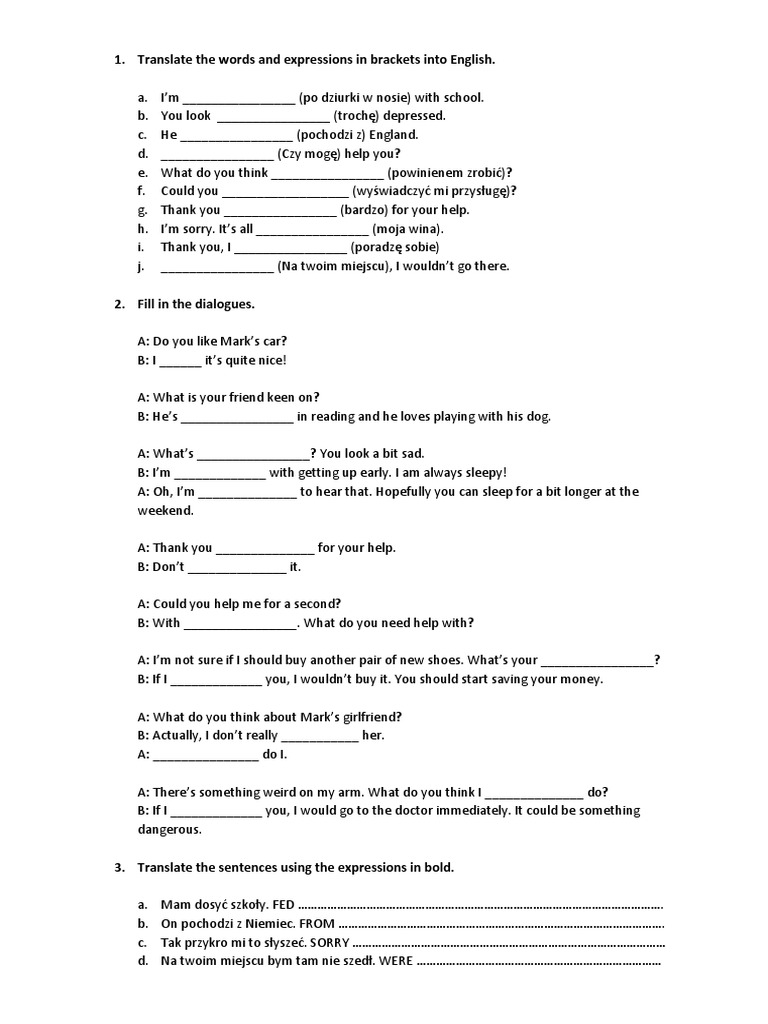 Translate The Words and Expressions in Brackets Into English PDF