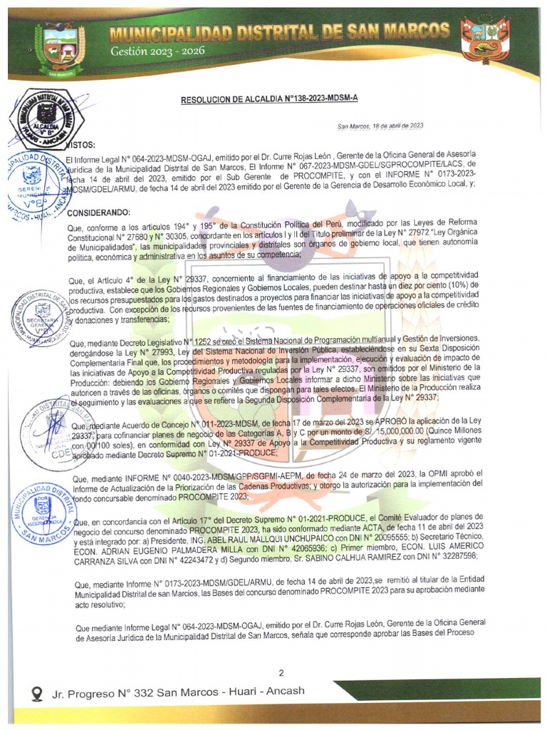 Bases Del Proceso Concursable Procompite MDSM 2023 | PDF