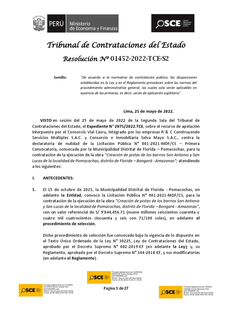 Resolución #1452-2022-TCE-S2 | PDF | Regulación | Apelación