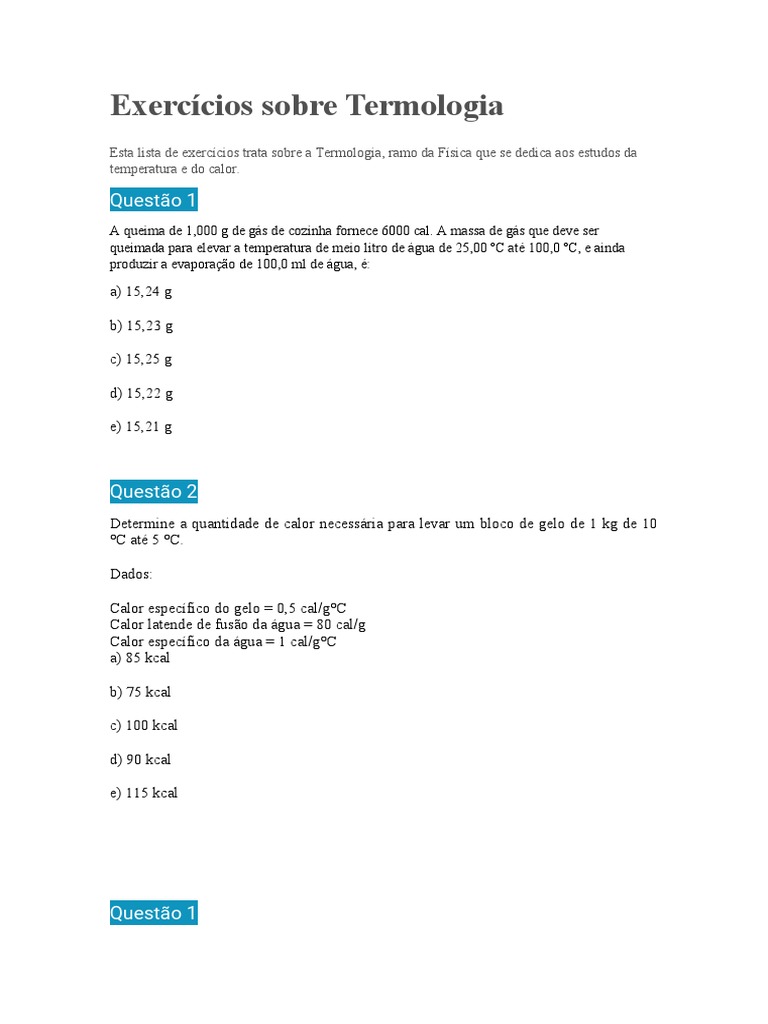 Exercícios de Termologia e Calor | PDF | Calor | Convecção
