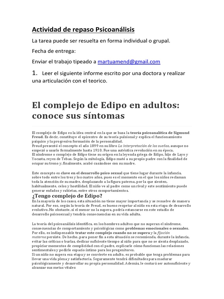 El Complejo de Edipo en Adultos Conoce Sus Síntomas Actividad de Repaso Psicoanálisis PDF
