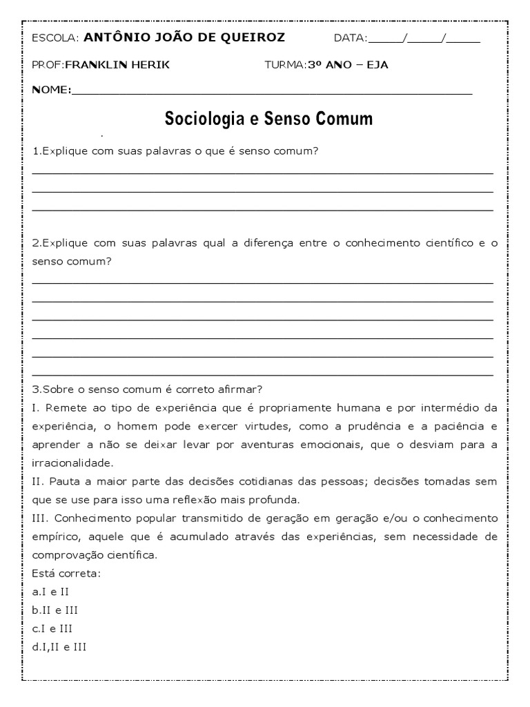 Atividade de Sociologia - 15-02 | PDF | Conhecimento | Bom senso