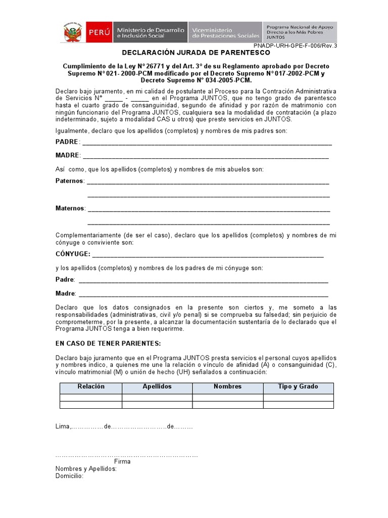 Declaración Jurada de Parentesco JUNTOS | PDF | Parentesco | Familia