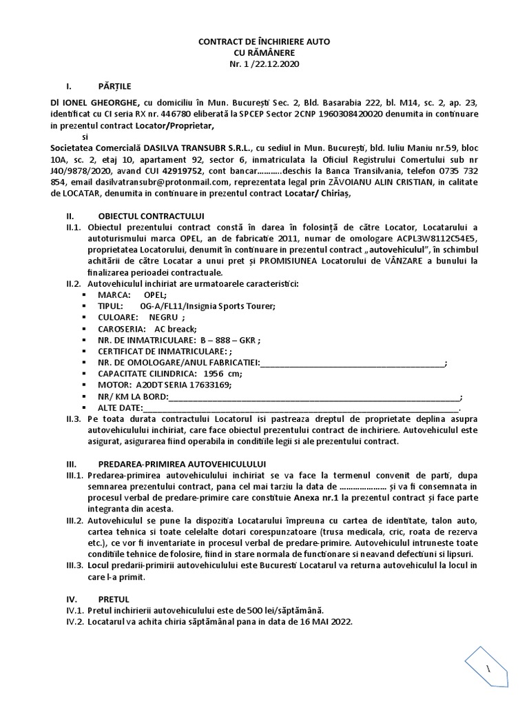 Contract Inchiriere Auto | PDF