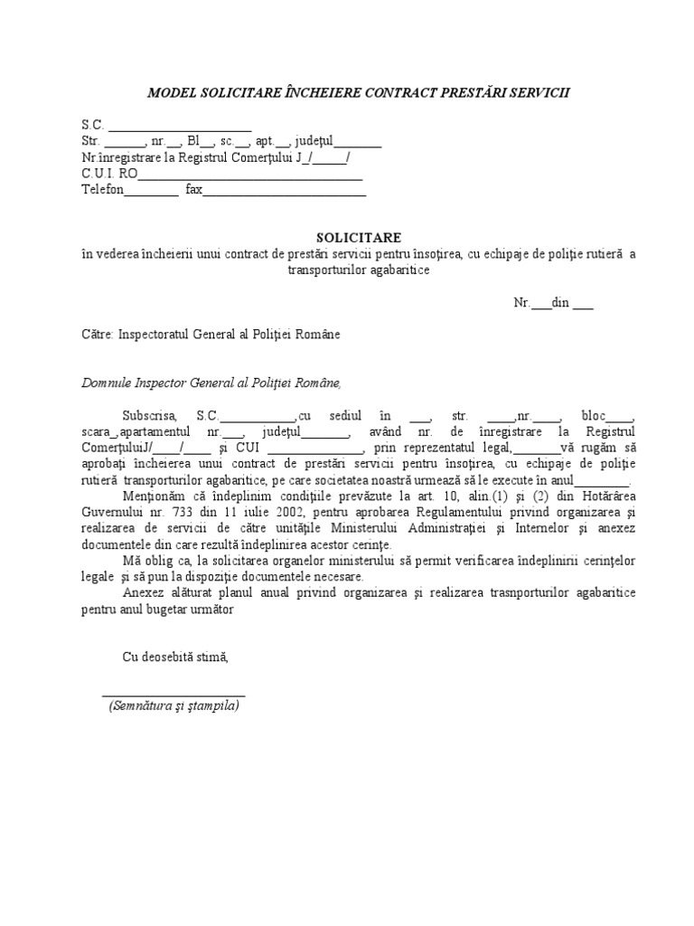 Model Solicitare Încheiere Contract Prestări Servicii: Domnule ...