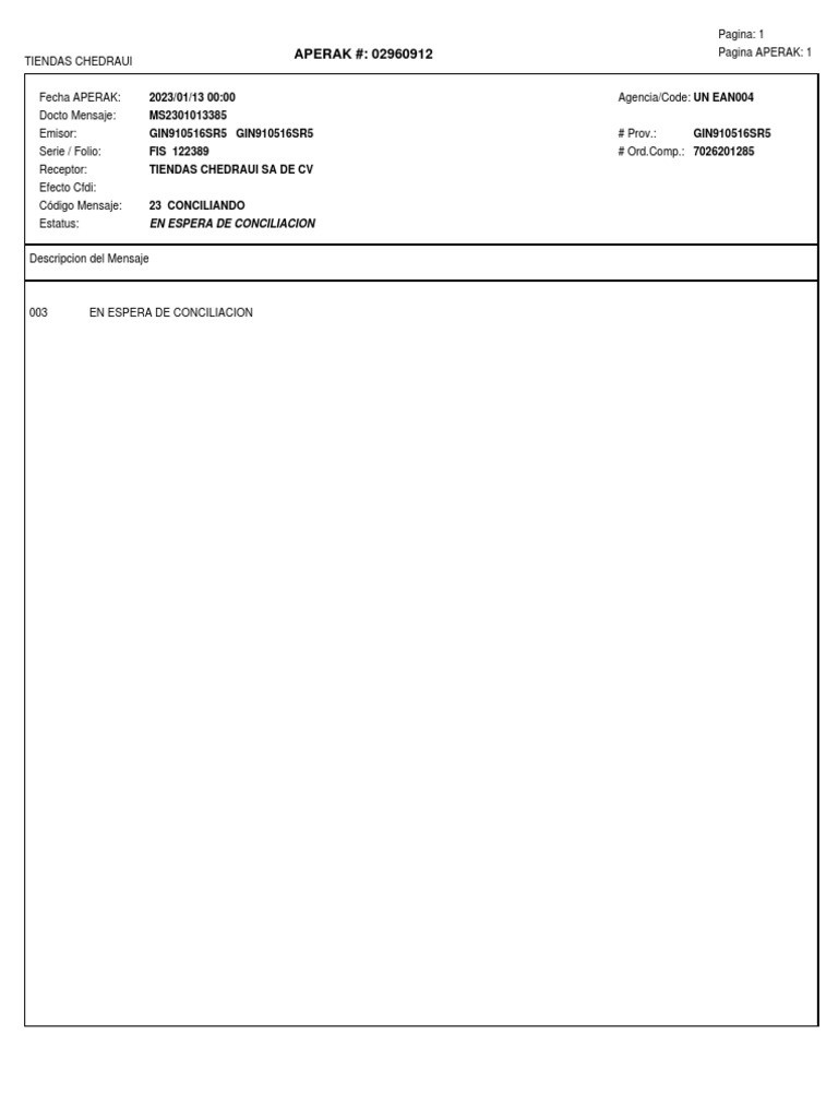 APERAK #: 02960912: en Espera de Conciliacion | PDF