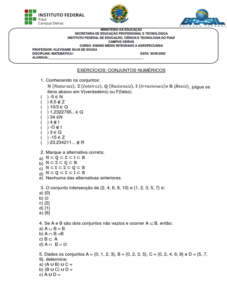 Exercícios sobre Conjuntos Numéricos | PDF