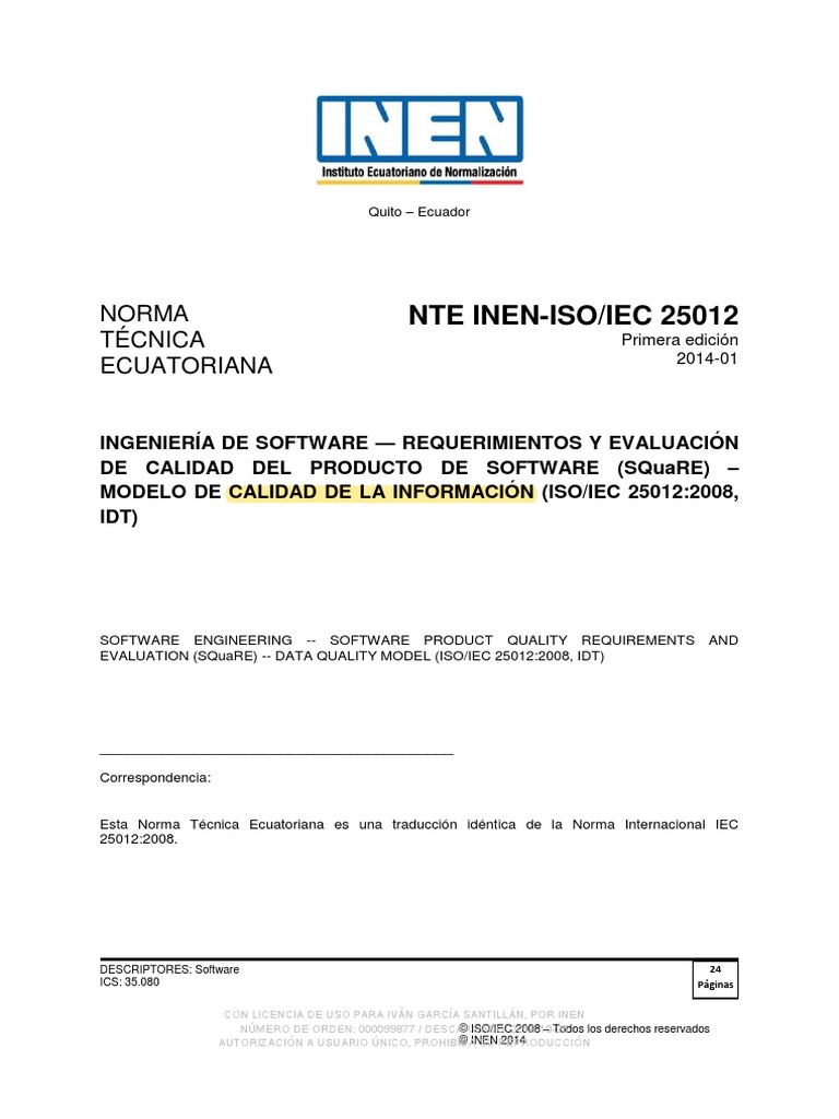 Nte Inen-Iso/Iec 25012: Norma Técnica Ecuatoriana | Descargar gratis ...