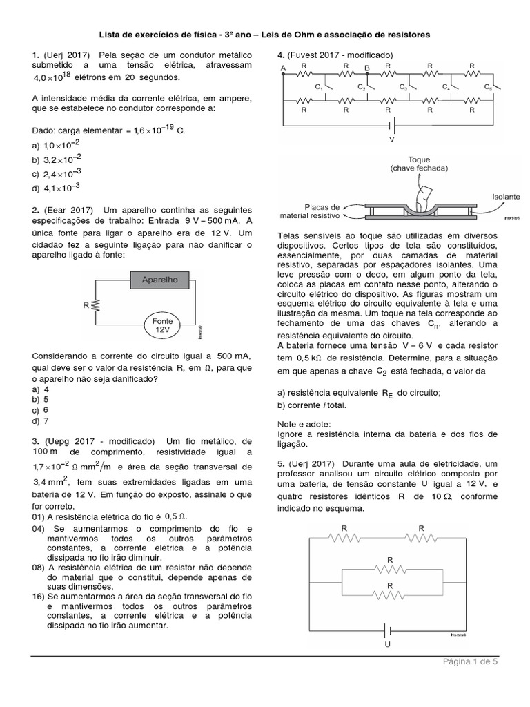 Exercícios sobre Leis de Ohm e Resistores | PDF | Rede elétrica ...