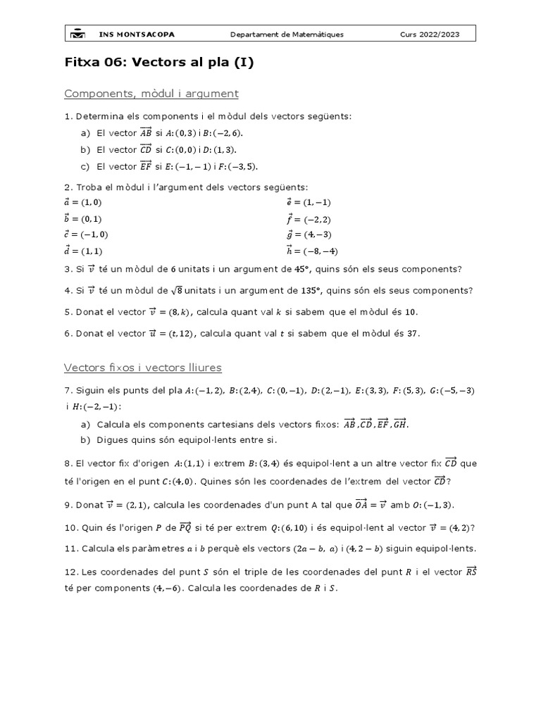 2223 B1 Fitxa 06 - Vectors Al Pla 1 | PDF