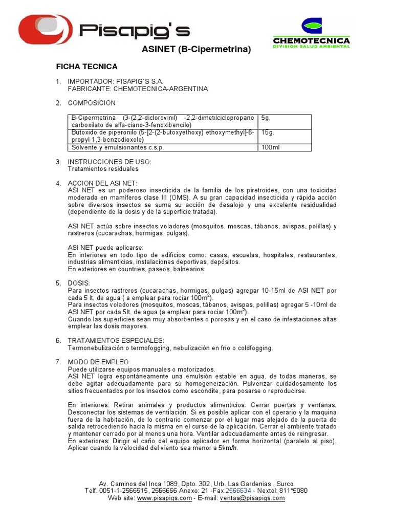 Ficha Técnica de ASINET Insecticida | PDF | Insectos | Agua
