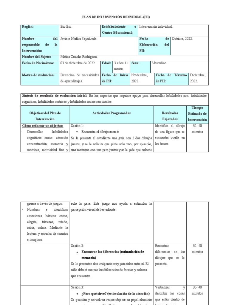Plan de Intervención Individual para Matías | PDF | Las emociones | Memoria