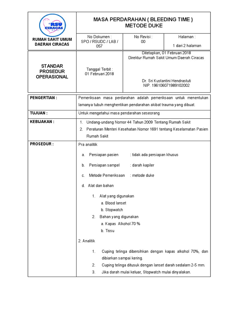 Prosedur Masa Perdarahan Metode Duke | PDF | Pengembangan Diri | Sains ...