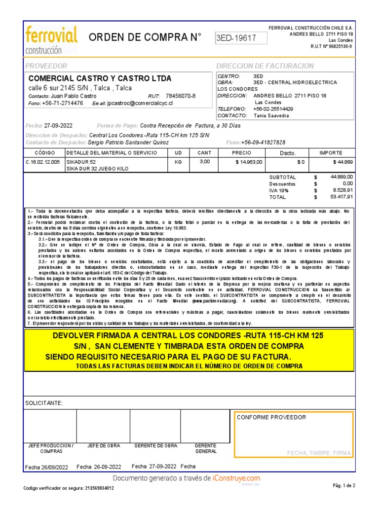 Orden de Compra N°: Comercial Castro Y Castro Ltda | Descargar gratis ...