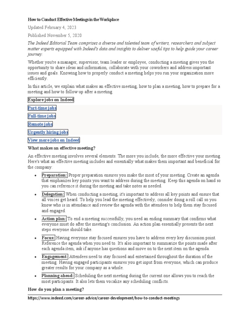 How To Conduct Effective Meetings in The Workplace | PDF | Decision ...