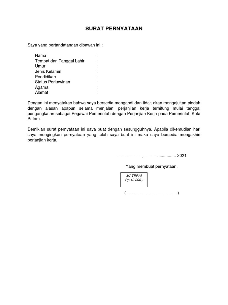 Surat Pernyataan Tidak Mengajukan Pindah Tanpa Matera - vrogue.co