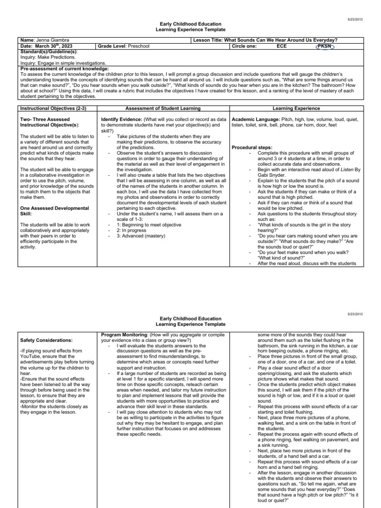 Edt 313 Sound Lesson Plan 1 PDF Learning Early Childhood Education