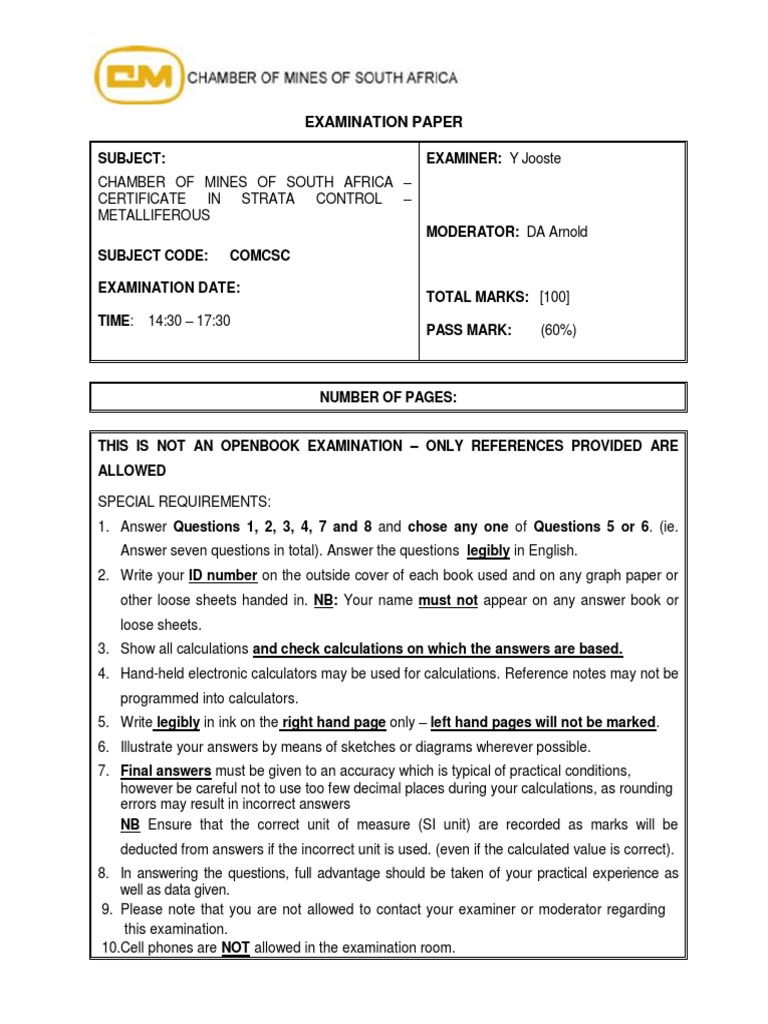 Strata Control Exam Paper - South Africa | PDF | Teaching Methods ...