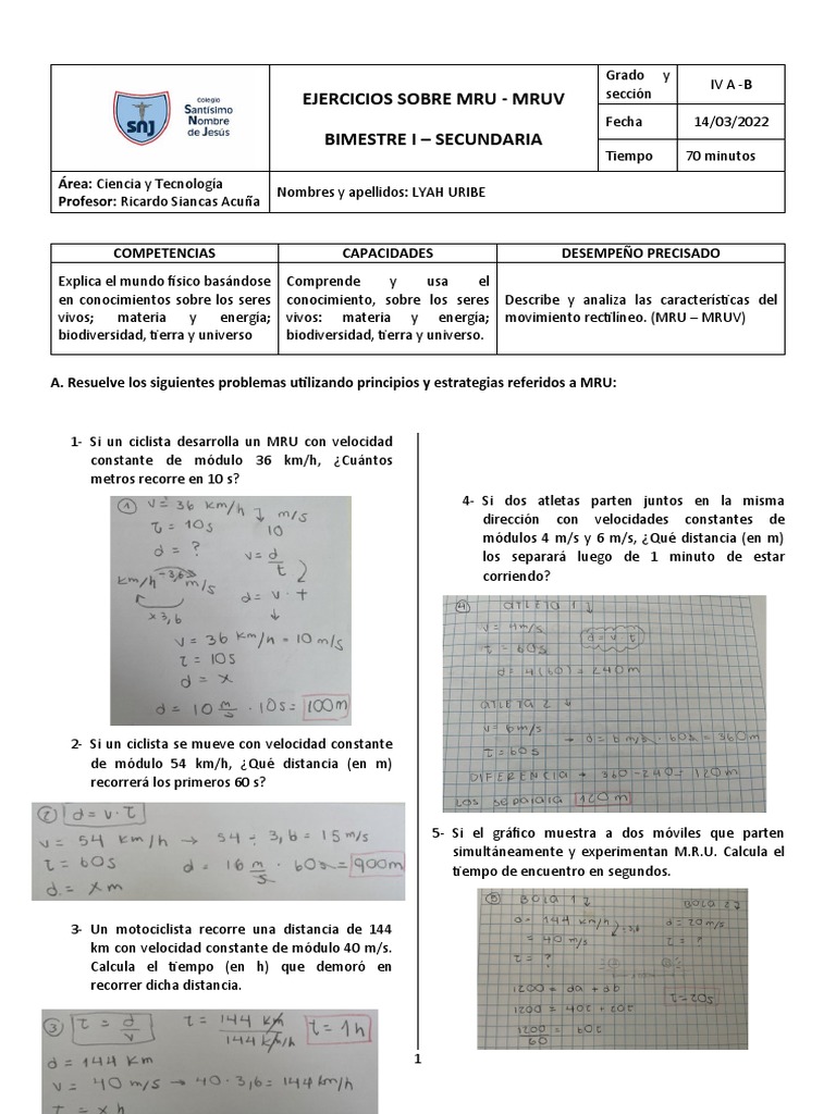 Ejercicios de MRU y MRUV para Secundaria | PDF | Velocidad | Aceleración
