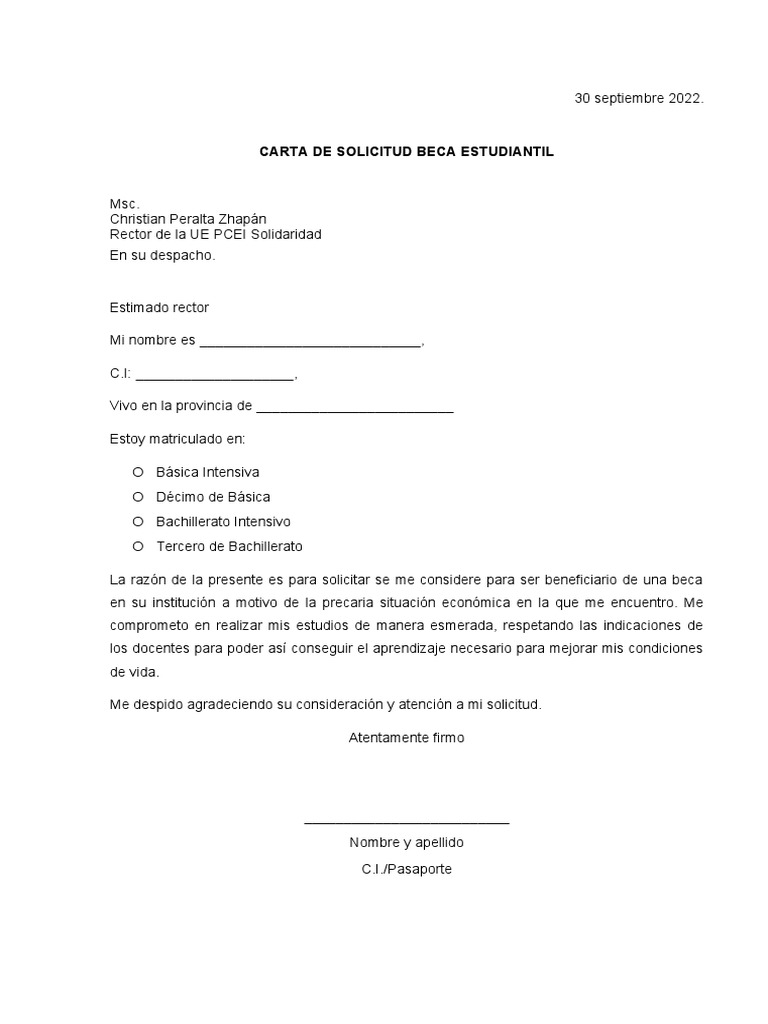 Carta de Solicitud Beca Estudiantil | PDF