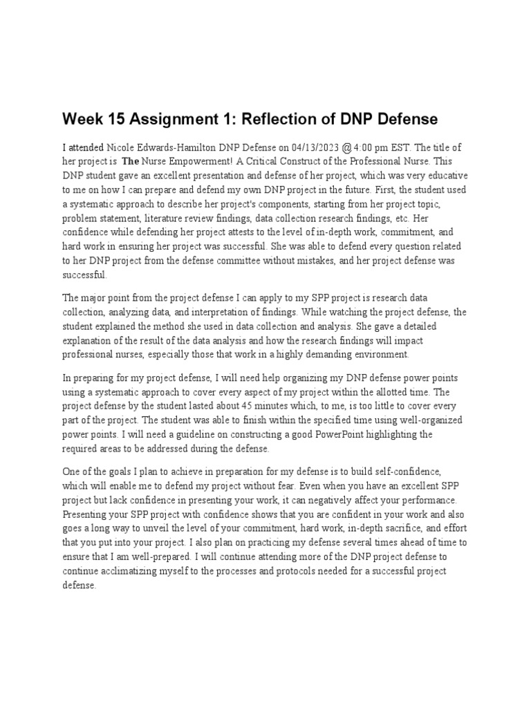 Week 15 Assignment 1: Reflection of DNP Defense: I Attended | PDF ...