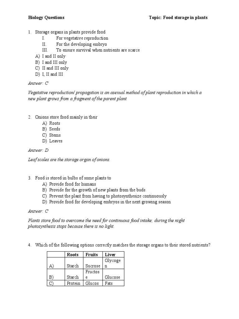 Food Storage in Plants PDF Seed Plants