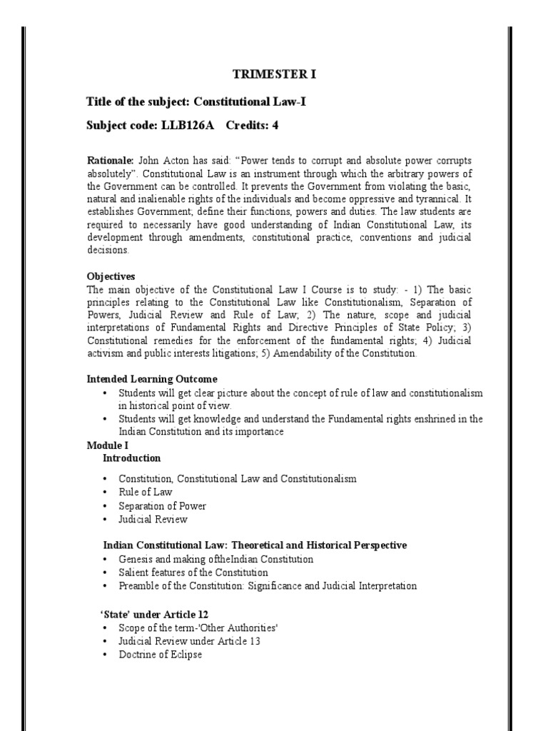 Constitutional Law-I Syllabus Overview | PDF | Constitution | Rule Of Law