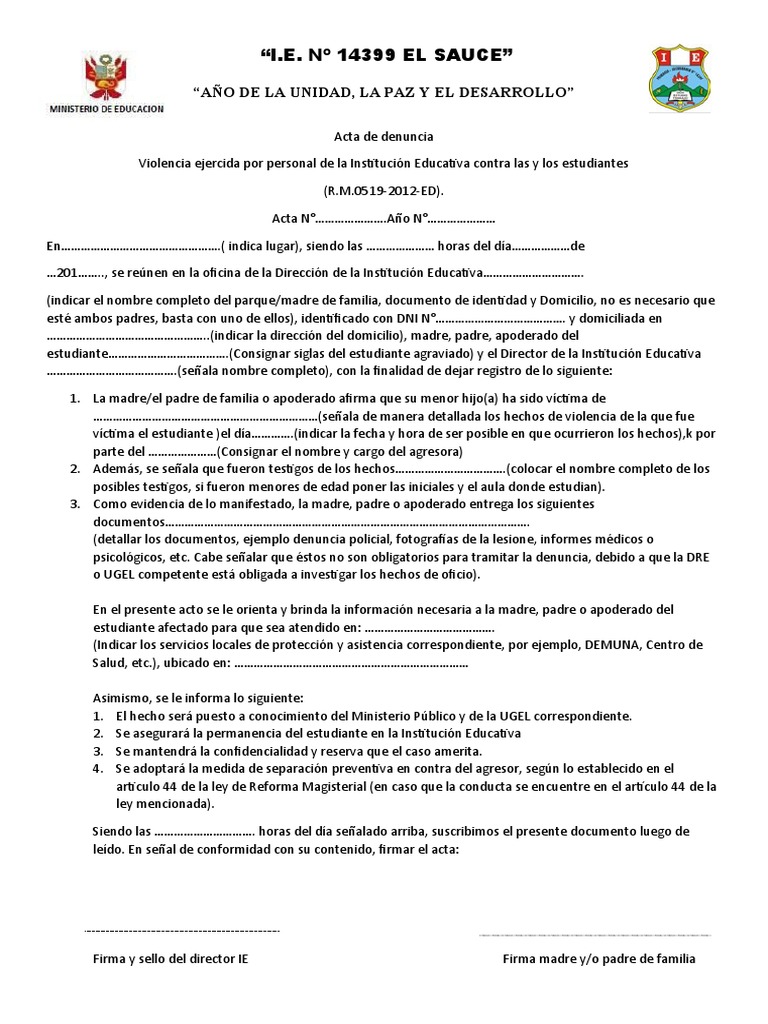 Acta de Denuncia Violencia | Descargar gratis PDF | Justicia | Crimen y ...