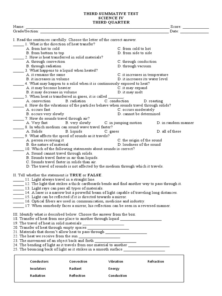 Grade 4 Science Test | PDF | Heat Transfer | Sound