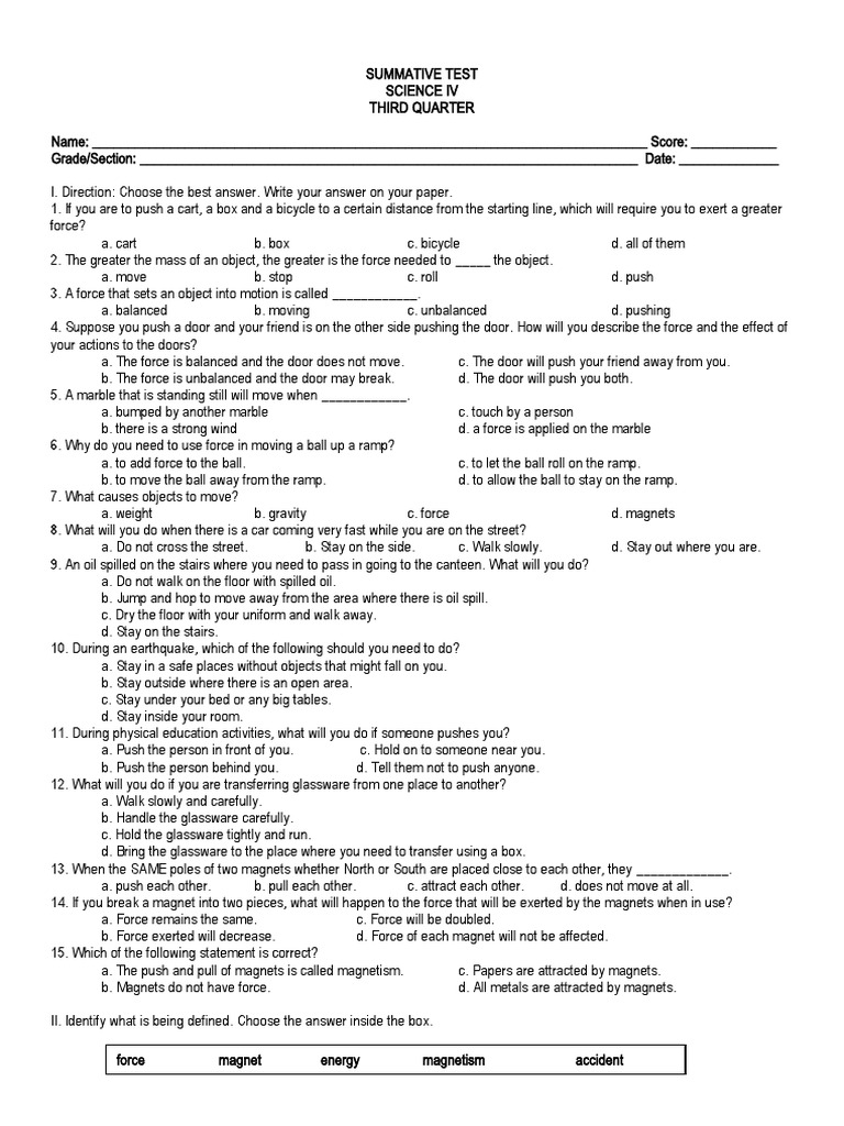 Grade 6 Science Force Assessment Pdf Force Magnet