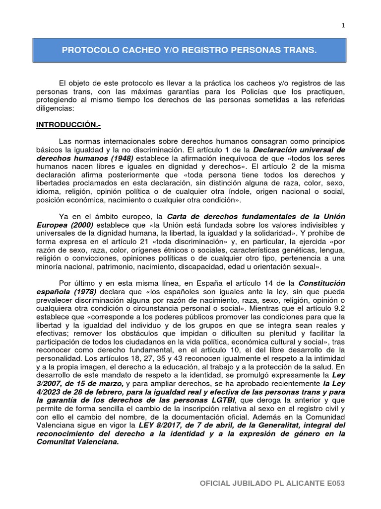 Protocolo Cacheo Y/O Registro Personas Trans.: Introducción. | PDF ...