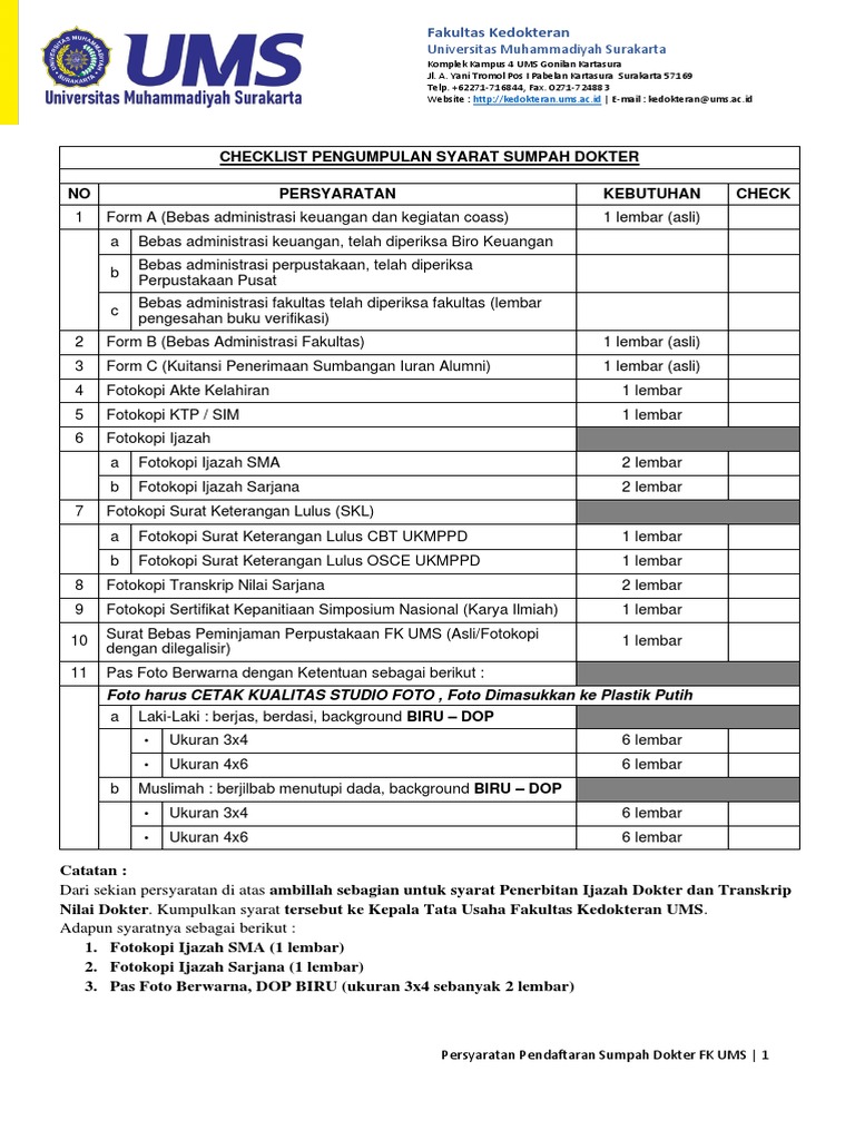 Ceklist Dan Form Persyaratan Sumpah Dokter FK UMS | PDF