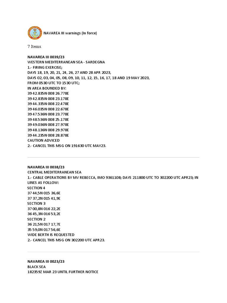 NAVAREA III Warnings Summary | PDF | Transport | Ships