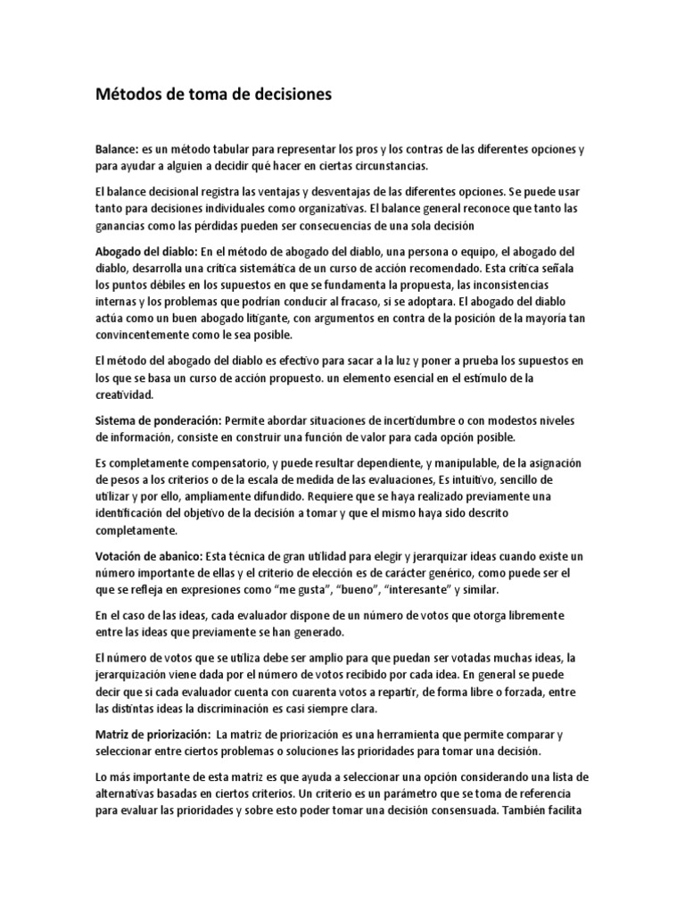 Métodos de Toma de Decisiones | PDF | Toma de decisiones | Ciencia ...