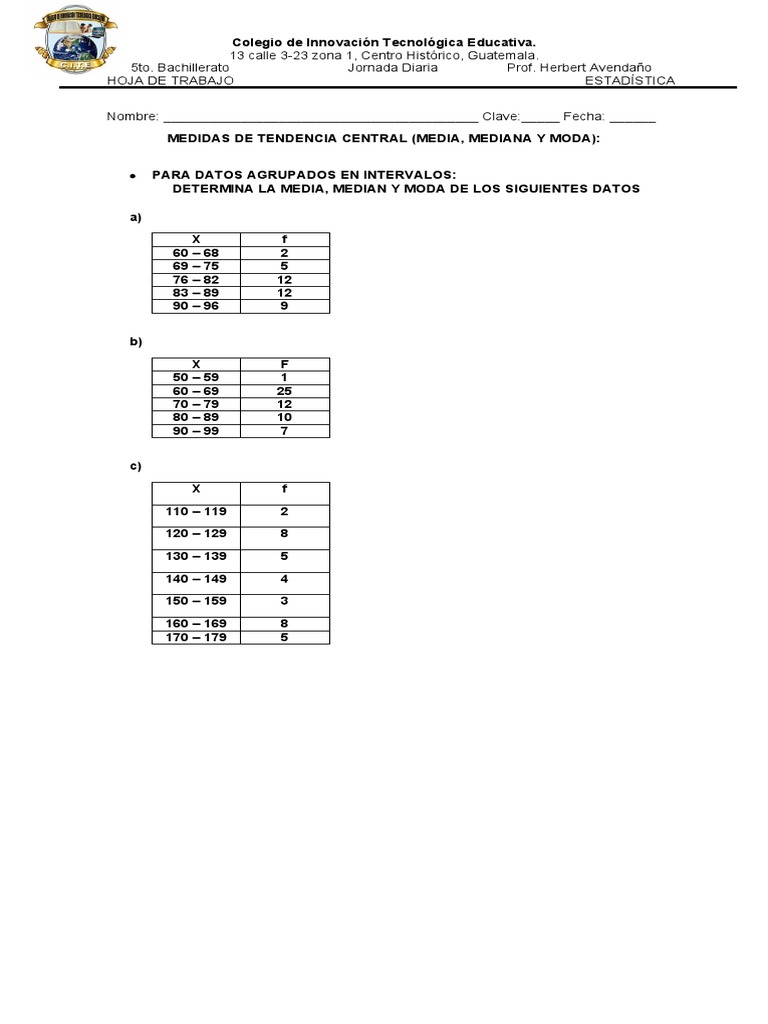 Hoja de Trabajo Medidas de Tendencia Central Intervalos | PDF
