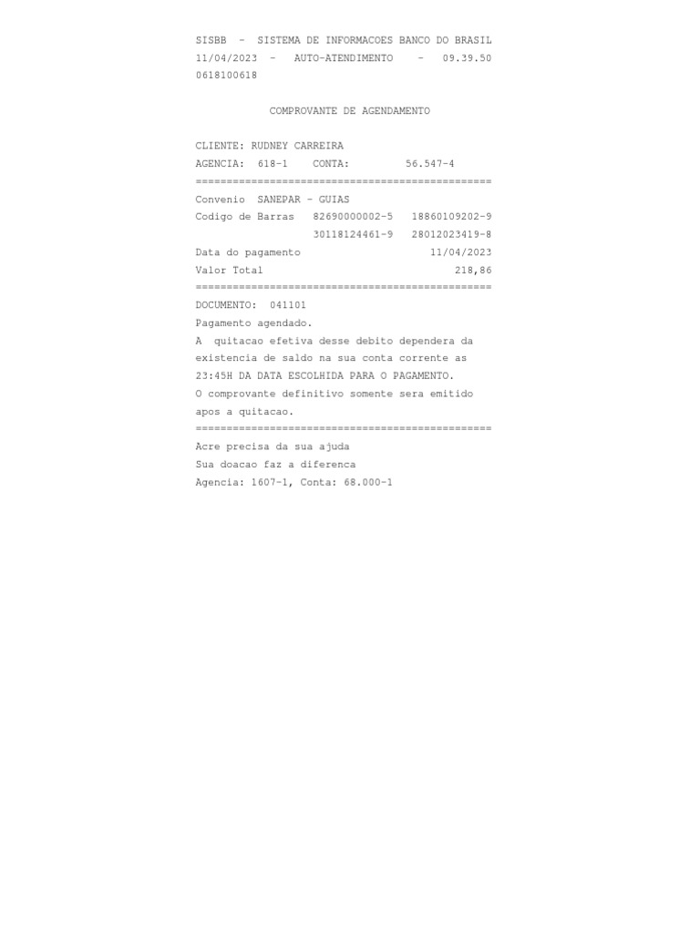 Comprovante de agendamento de pagamento de contas do sanepar pelo