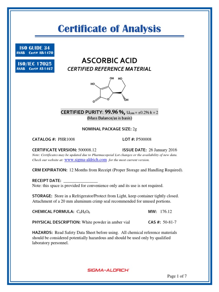 Ascorbic Acid COA PDF Spectrophotometry Analysis Of Variance