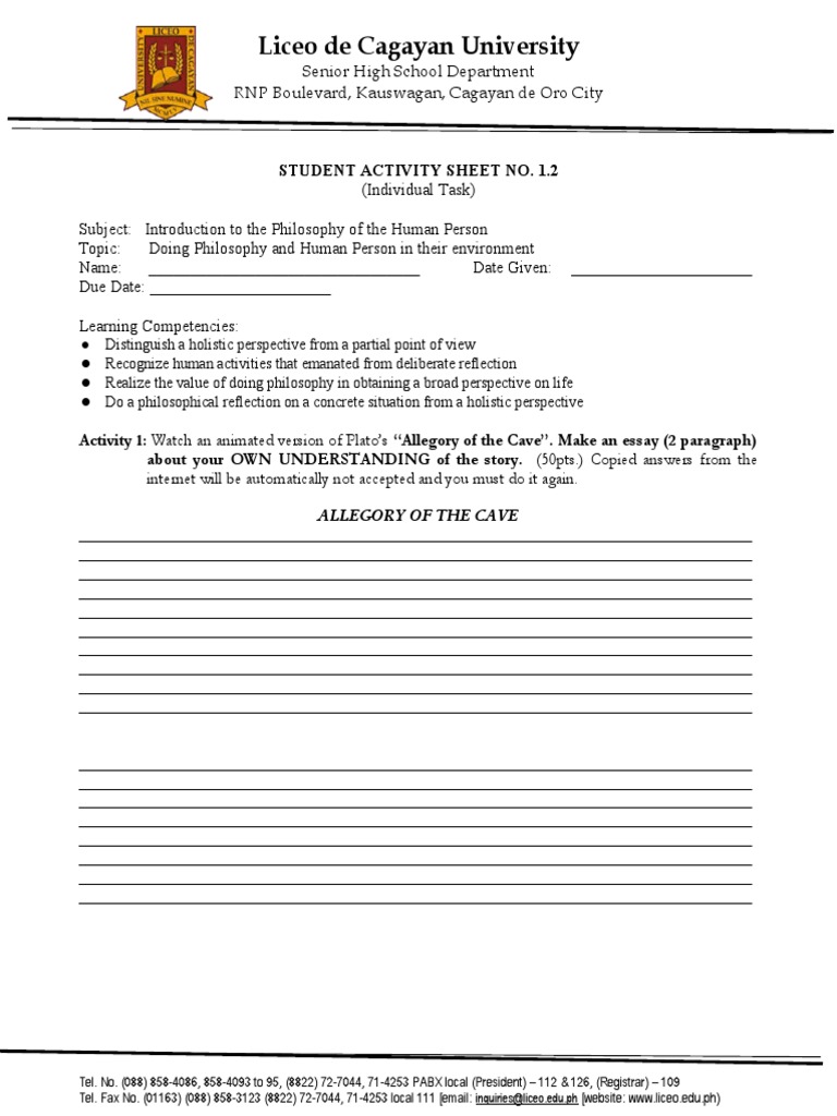 Student Activity Sheet: Philosophy Task | PDF | Cognition ...