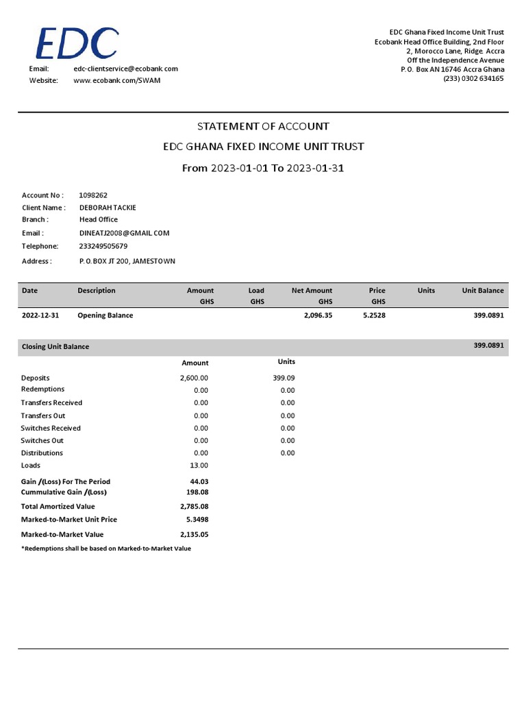 Edc Ghana Fixed Unit Trust Statement of Account Redemptions
