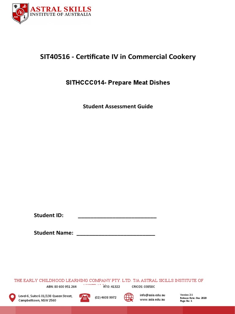 SIT40516 Certificate IV in Commercial Cookery SITHCCC014Prepare Meat Dishes PDF Meat Offal